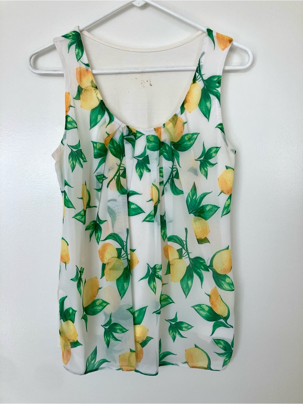 New York & Company White Lemon-Print Chiffon Tank